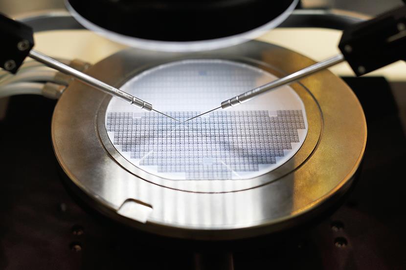 semiconductor silicon wafer undergoing probe testing